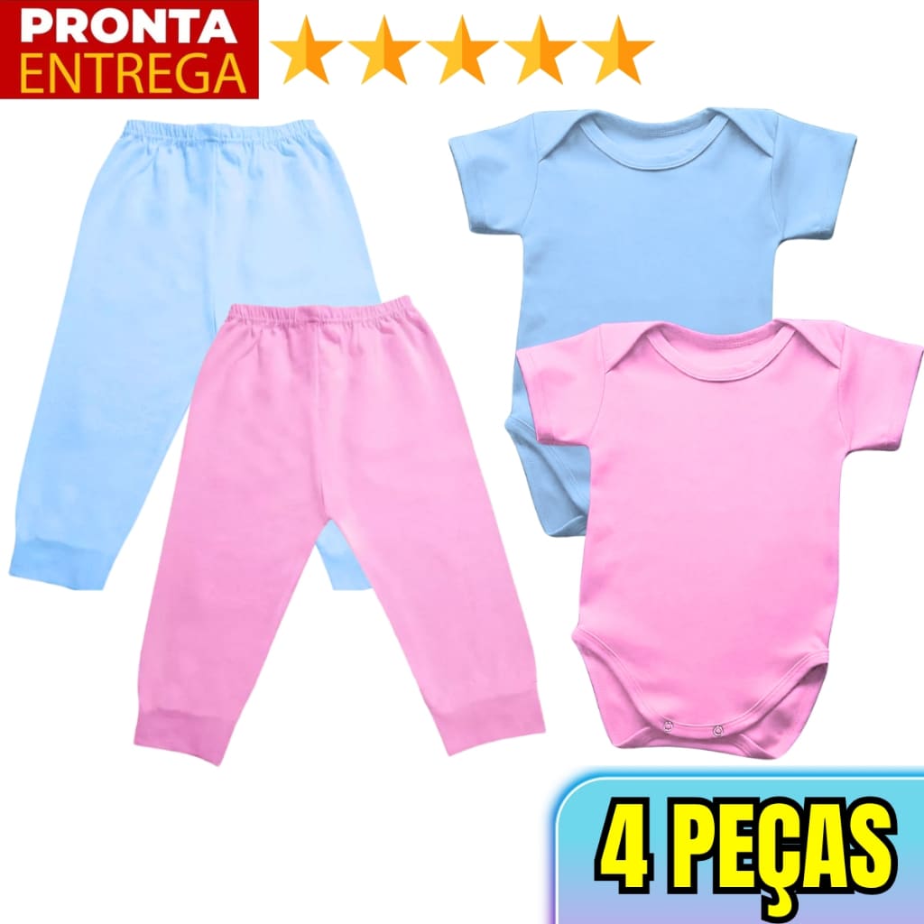 Kit 4 Peças Mijao E Body Bebe Manga Curta Menina E Menino